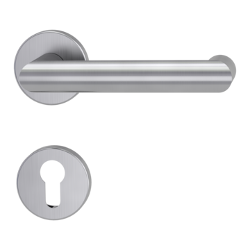 Isolated product image in perfect product view shows the GRIFFWERK rose set split spindle LUCIA in the version euro profile - brushed steel - clip on technique