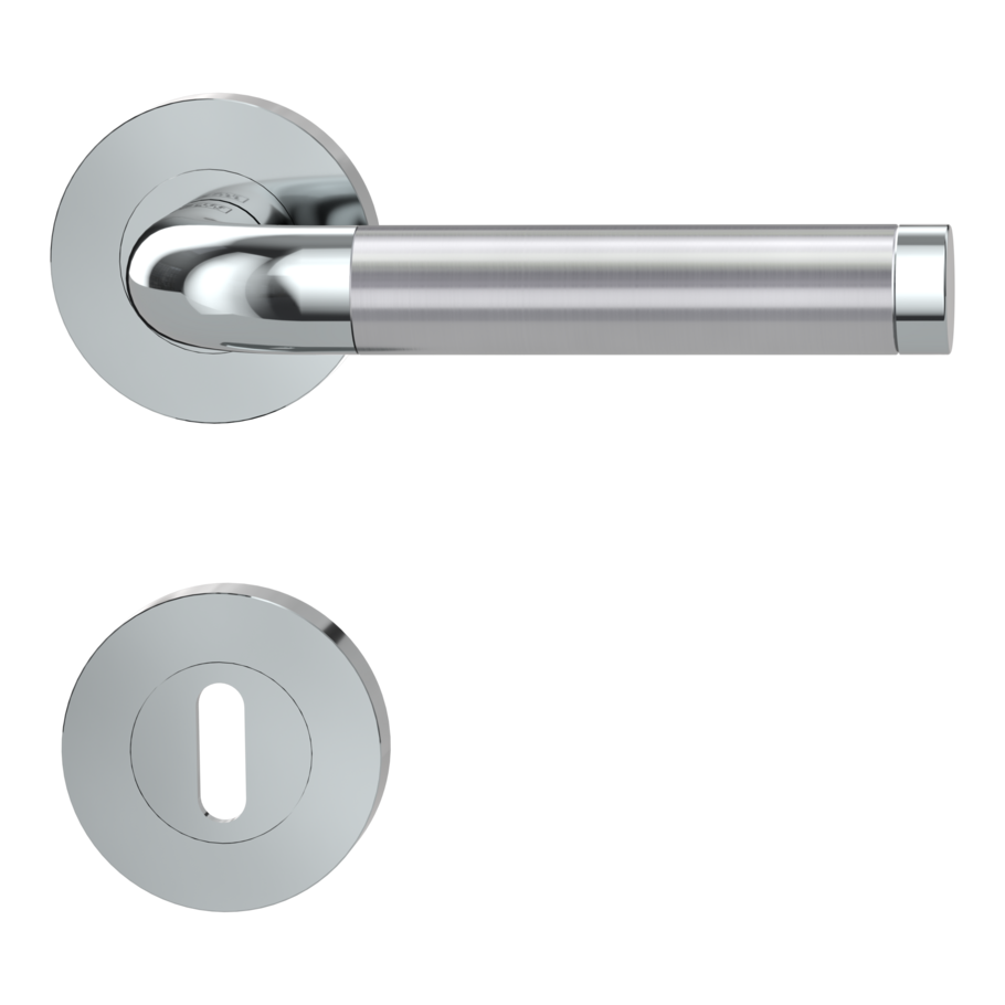 The image shows the Griffwerk door handle set SIMONA in the version with rose set round mortice lock screw on chrome/brushed steel