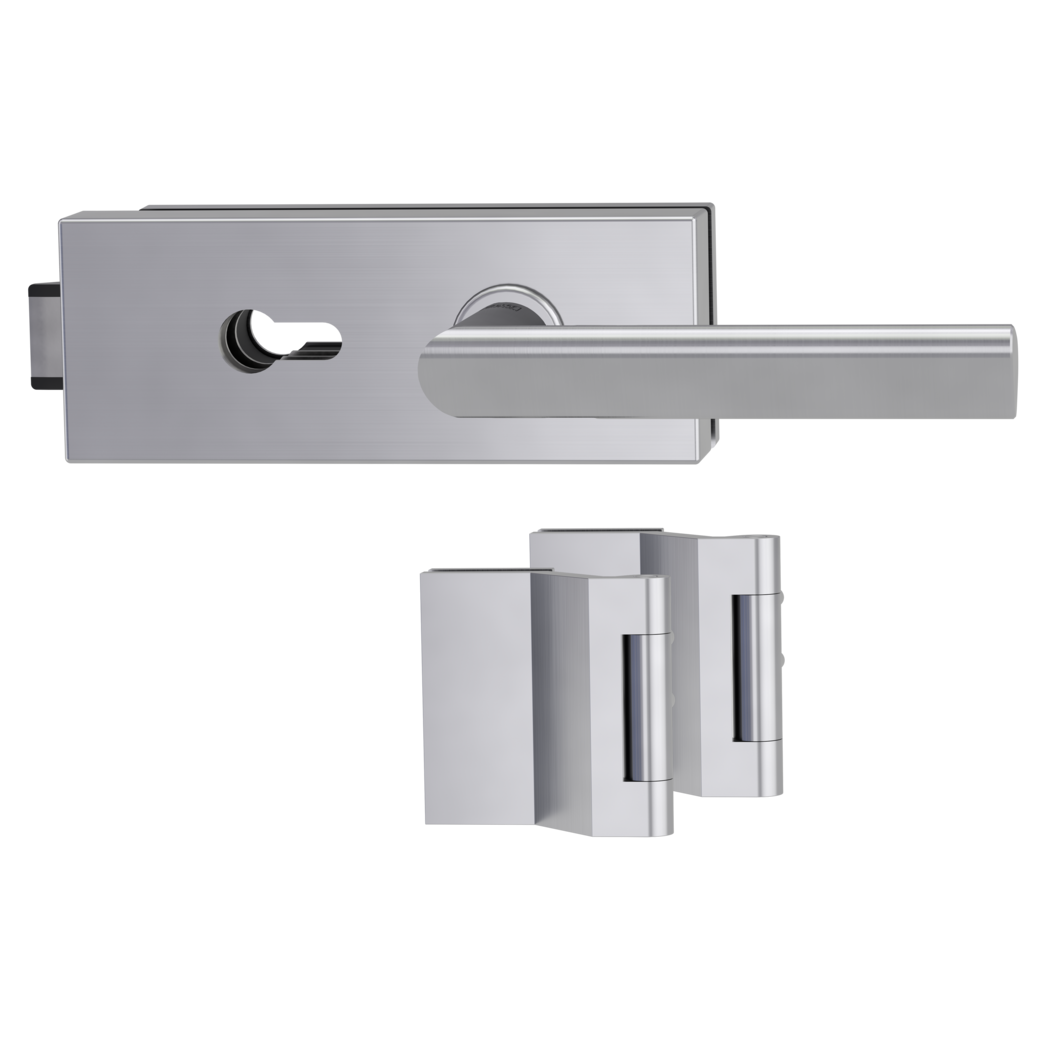 PURISTO S glass door fitting set Quiet profile cylinder 3-pc. hinges TRI 134 satin stainless steel