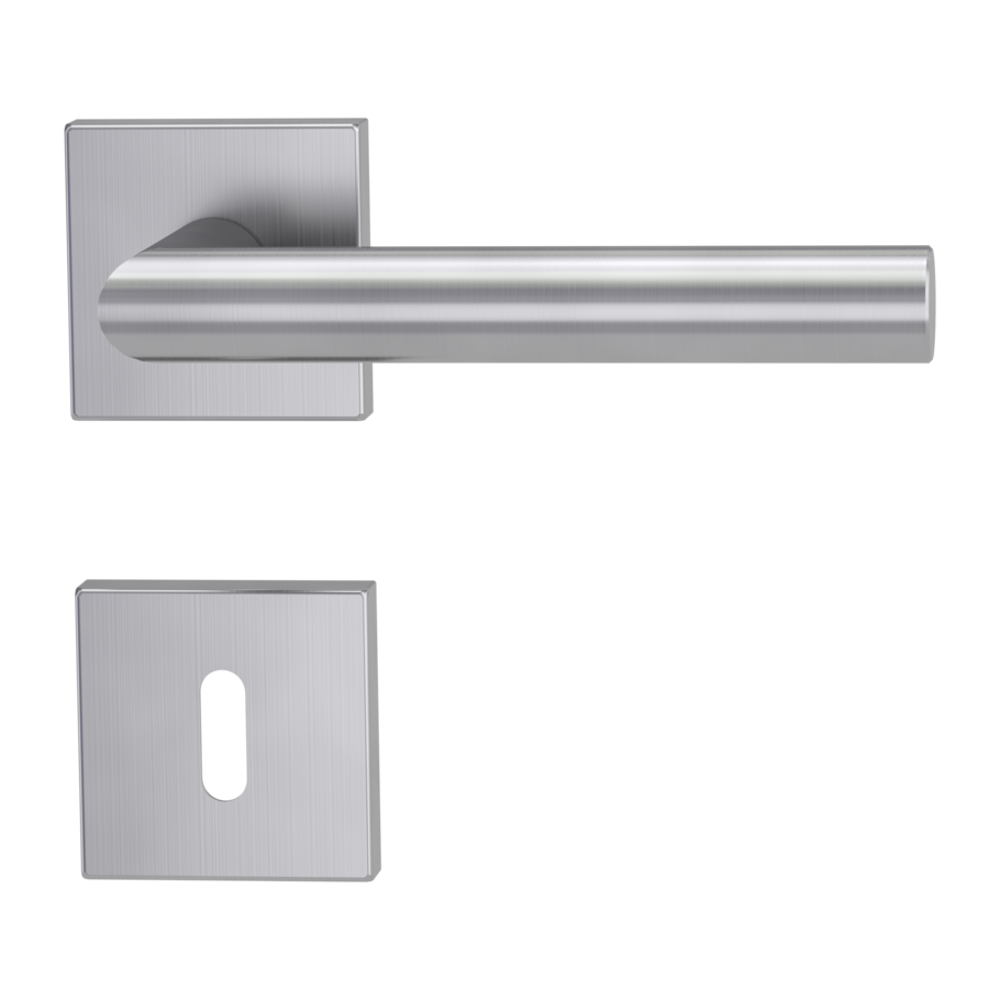 Isolated product image in perfect product view shows the GRIFFWERK rose set square LUCIA SQUARE in the version mortice lock - brushed steel - clip on technique