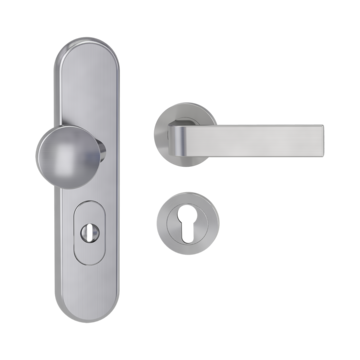 Silhouette product image in perfect product view shows the Griffwerk security combi set TITANO_882 in the version cylinder cover, round, brushed steel, clip on with the door handle GRAPH SG