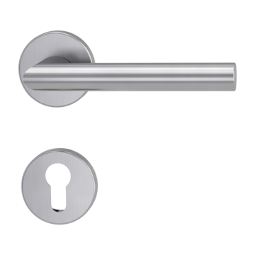 Isolated product image in perfect product view shows the GRIFFWERK rose set VIVIA in the version euro profile - brushed steel - clip on technique