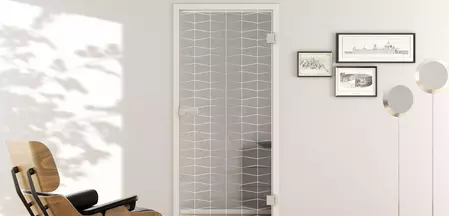 Living situation with shows the GRIFFWERK glass door GRIDS_LD_690 laser one side in the version revolving door - DIN right - studio/office - tempered safety glass PURE WHITE