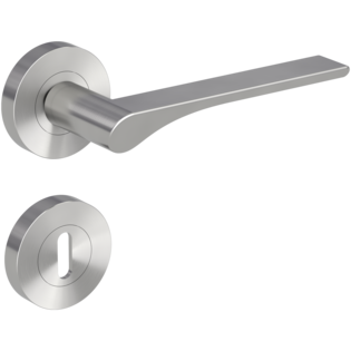 Isolated product image in the right-turned angle shows the GRIFFWERK rose set LEAF LIGHT in the version mortice lock - velvet grey - screw on technique