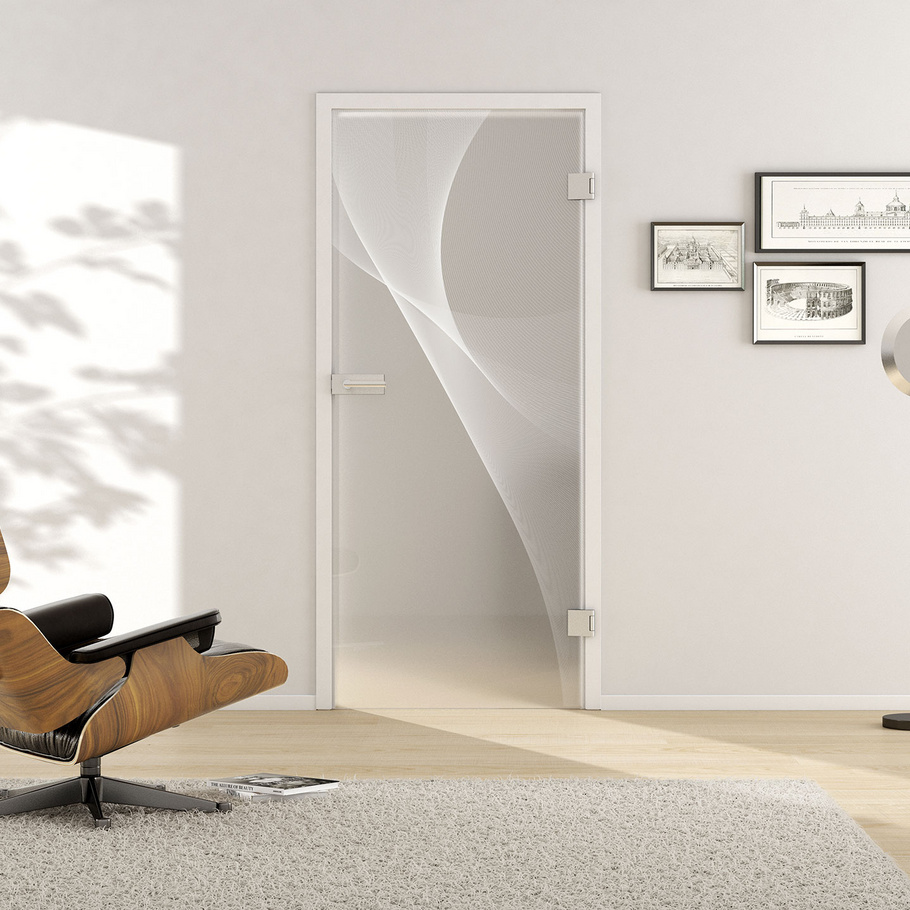 Wohnsituation mit zeigt die GRIFFWERK Glastür 3D_LD_623 in der Ausführung DIN rechts - Drehtür Bohrung Studio/Office - Einscheibensicherheitsglas PURE WHITE Laser / Siebdruck 