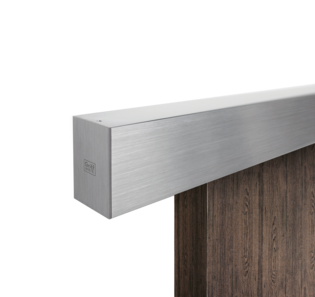 Silhouette product image in perfect product view shows the Griffwerk sliding system PLANEO 120 for wooden door, 1-leaf, brushed steel look