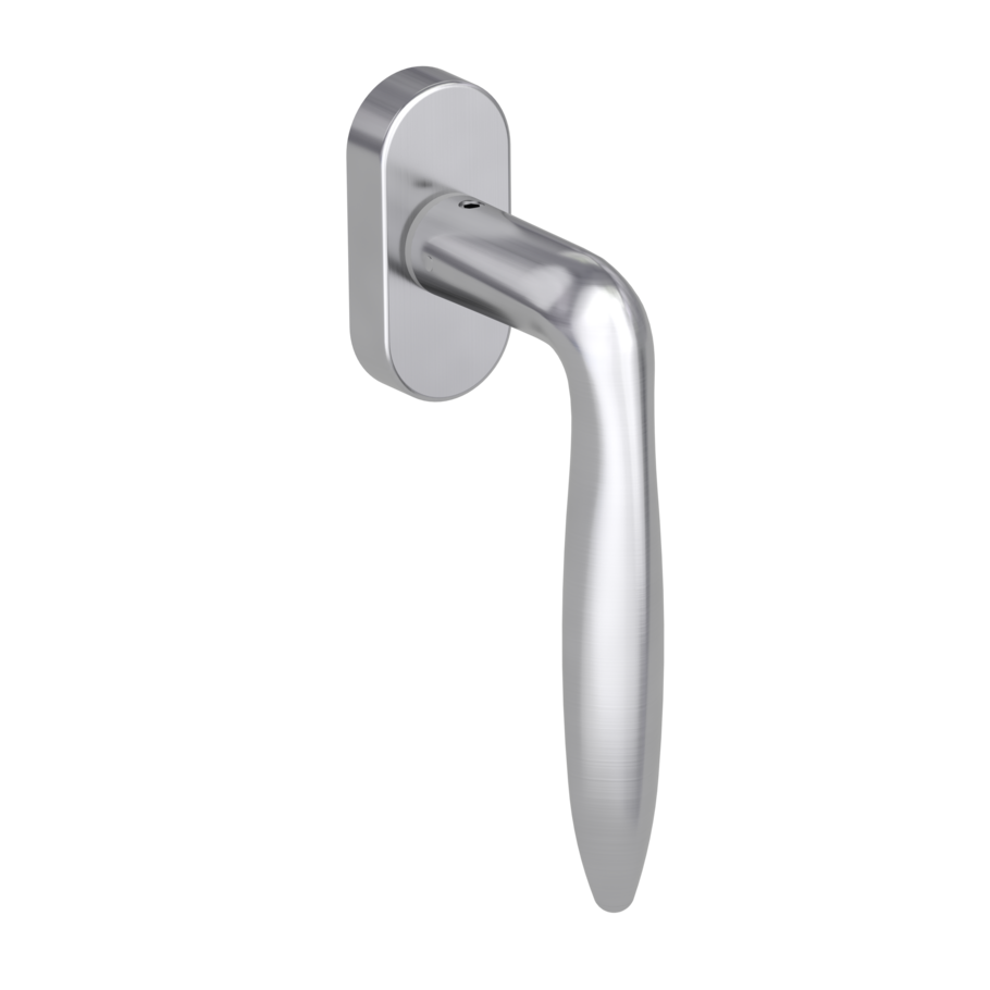 Silhouette product image in perfect product view shows the Griffwerk window handle VERONICA in the version unlockable, brushed steel
