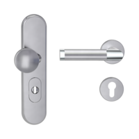 Silhouette product image in perfect product view shows the Griffwerk security combi set TITANO_882 in the version cylinder cover, round, brushed steel, clip on with the door handle CHRISTINA