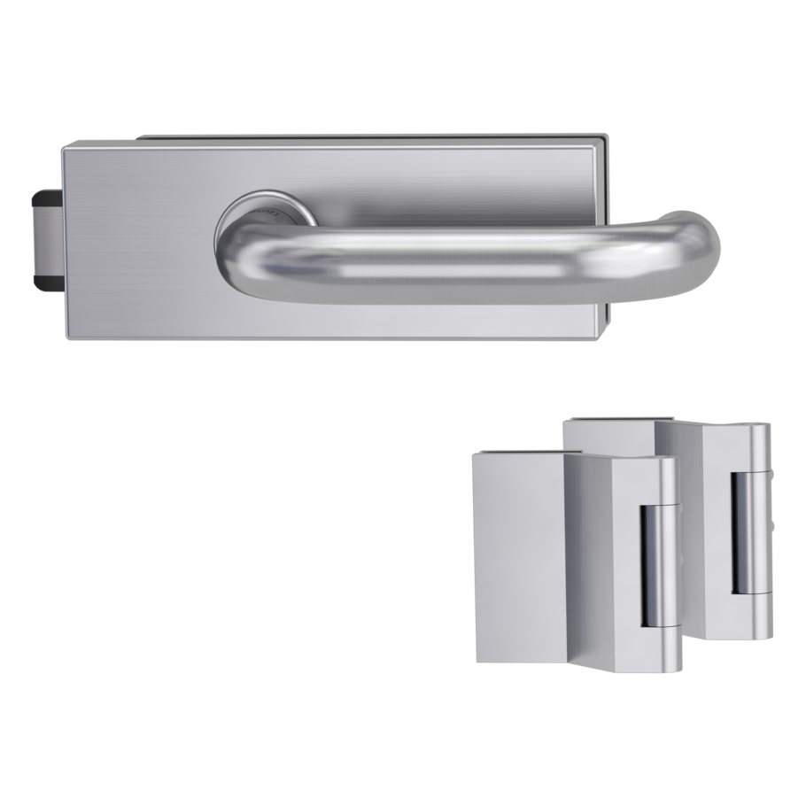 Silhouette product image in perfect product view shows the Griffwerk glass door lock set PURISTO S in the version unlockable, brushed steel, 2-part hinge set with the handle pair ALESSIA PROF
