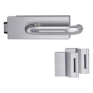 Silhouette product image in perfect product view shows the Griffwerk glass door lock set PURISTO S in the version unlockable, brushed steel, 2-part hinge set with the handle pair ALESSIA PROF