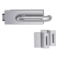 Silhouette product image in perfect product view shows the Griffwerk glass door lock set PURISTO S in the version unlockable, brushed steel, 2-part hinge set with the handle pair ALESSIA PROF