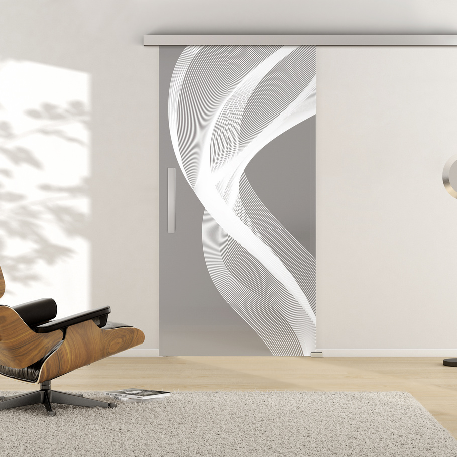 Ambientebild in Wohnraumsituation illustriert die Griffwerk Glasschiebetür 3D 636 in der Ausführung ESG MOON GREY matt