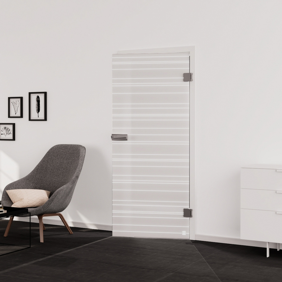 Living situation which shows the glass door with tempered safety glass (ESG) laserdecor JETTE LINES 814 in the vision frosted PURE WHITE drilling Studio/Office revolving door DIN R