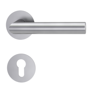 Product image rose set LUCIA PIATTA S euro profile brushed steel flat rose Isolated product image in perfect product view shows the GRIFFWERK rose set LUCIA PIATTA S in the version euro profile - brushed steel - flat rose