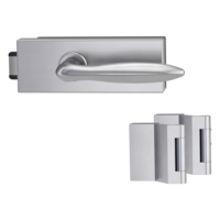 Silhouette product image in perfect product view shows the Griffwerk glass door lock set PURISTO S in the version unlockable, brushed steel, 2-part hinge set with the handle pair VERONICA