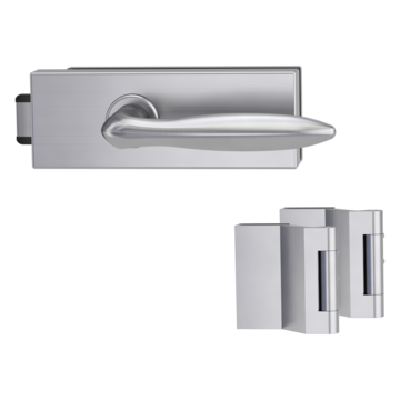 Silhouette product image in perfect product view shows the Griffwerk glass door lock set PURISTO S in the version unlockable, brushed steel, 2-part hinge set with the handle pair VERONICA