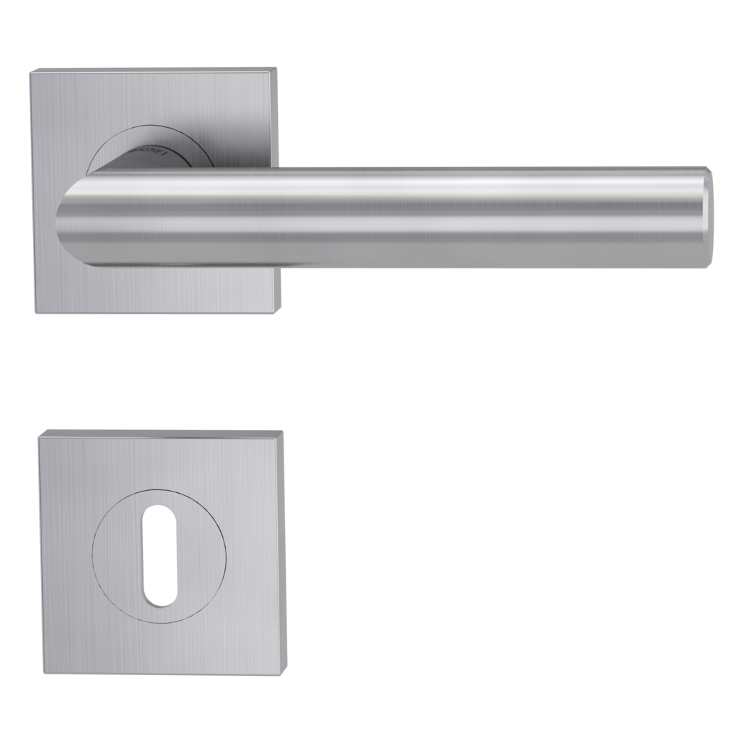 LUCIA PROF door handle set Screw-on sys.GK3 straight-edged escut. Satin stainless steel cipher bit