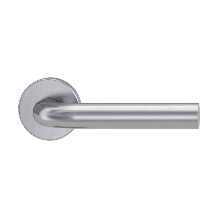 The image shows the Griffwerk door handle set DANIELA in the version with rose set round unlockable clip on brushed steel