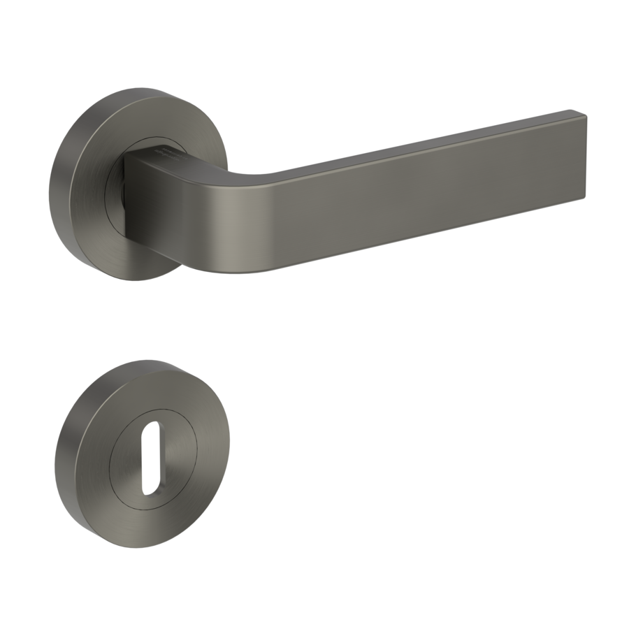 Isolated product image in the right-turned angle shows the GRIFFWERK rose set GRAPH in the version mortice lock - cashmere grey - screw on technique