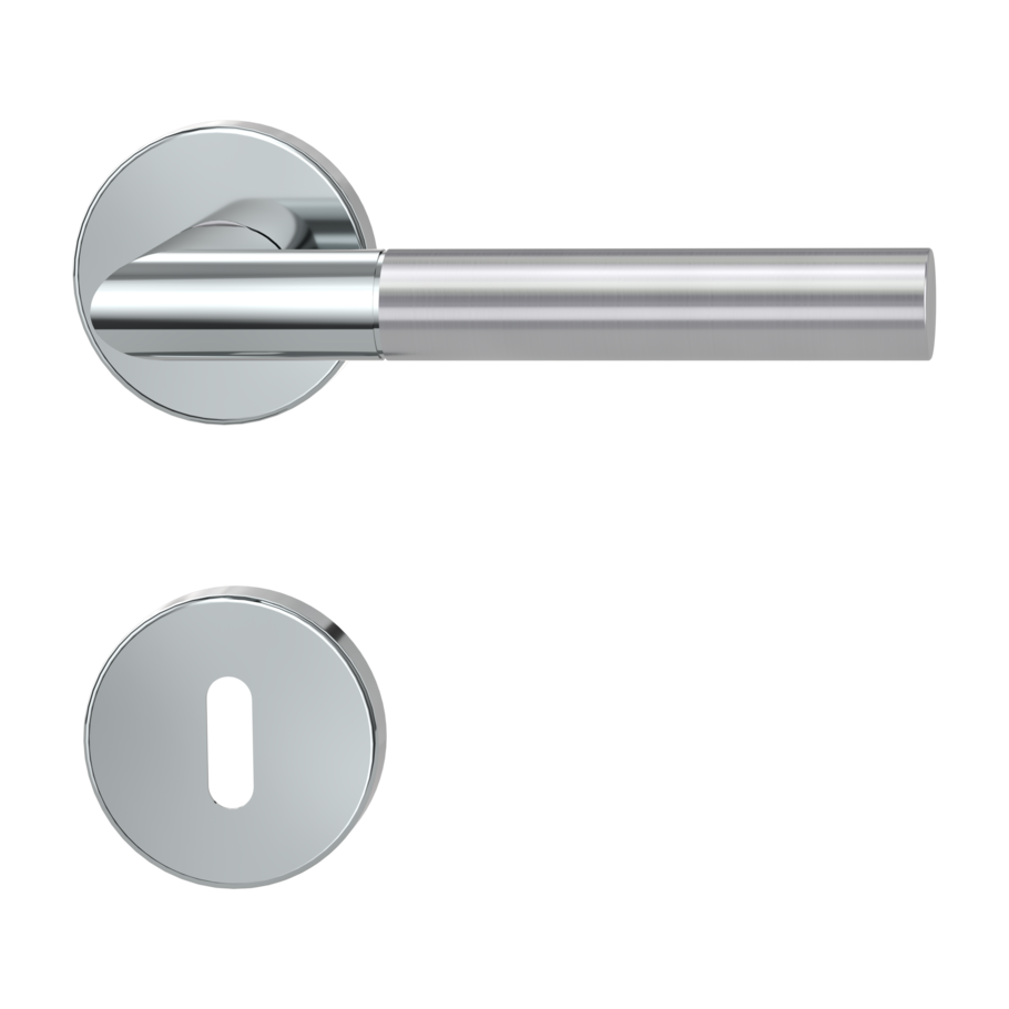 Freigestelltes Produktbild im idealen Blickwinkel fotografiert zeigt die GRIFFWERK Rosettengarnitur ARICA in der Ausführung Buntbart - Edelstahl poliert-matt - Klipptechnik