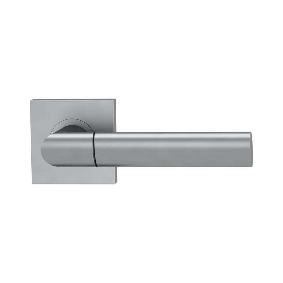 The image shows the Griffwerk door handle set MONICA QUATTRO in the version with rose set square unlockable screw on perla silver matt