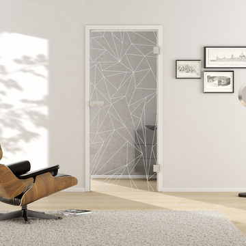 Wohnsituation mit zeigt die GRIFFWERK Glastür GRIDS_LD_693 in der Ausführung DIN rechts - Drehtür Bohrung Studio/Office - Einscheibensicherheitsglas PURE WHITE Laser einseitig