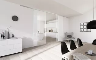Wohnraumbild Griffwerk Glasschiebetür Planeo Die Abbildung zeigt die Griffwerk Glasschiebetür Planeo in einem Wohnraum.
