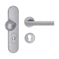 Silhouette product image in perfect product view shows the Griffwerk security combi set TITANO_882 in the version cylinder cover, round, brushed steel, clip on with the door handle OVIDA