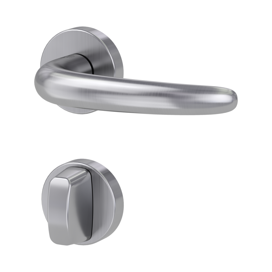 Isolated product image in the left-turned angle shows the GRIFFWERK rose set ULMER GRIFF in the version turn and release - brushed steel - clip on technique inside view 