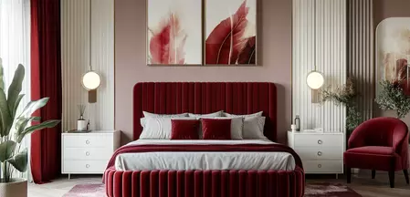 Modernes Schlafzimmer mit trendigem Colour Blocking in Rottönen. Kräftige Farbakzente und harmonische Kontraste schaffen eine stilvolle, gemütliche Atmosphäre.