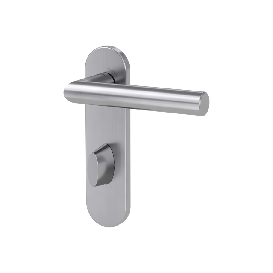 Isolated product image in the left-turned angle shows the GRIFFWERK door handle set LUCIA PROFESSIONAL in the surface brushed steel version  wc red/white