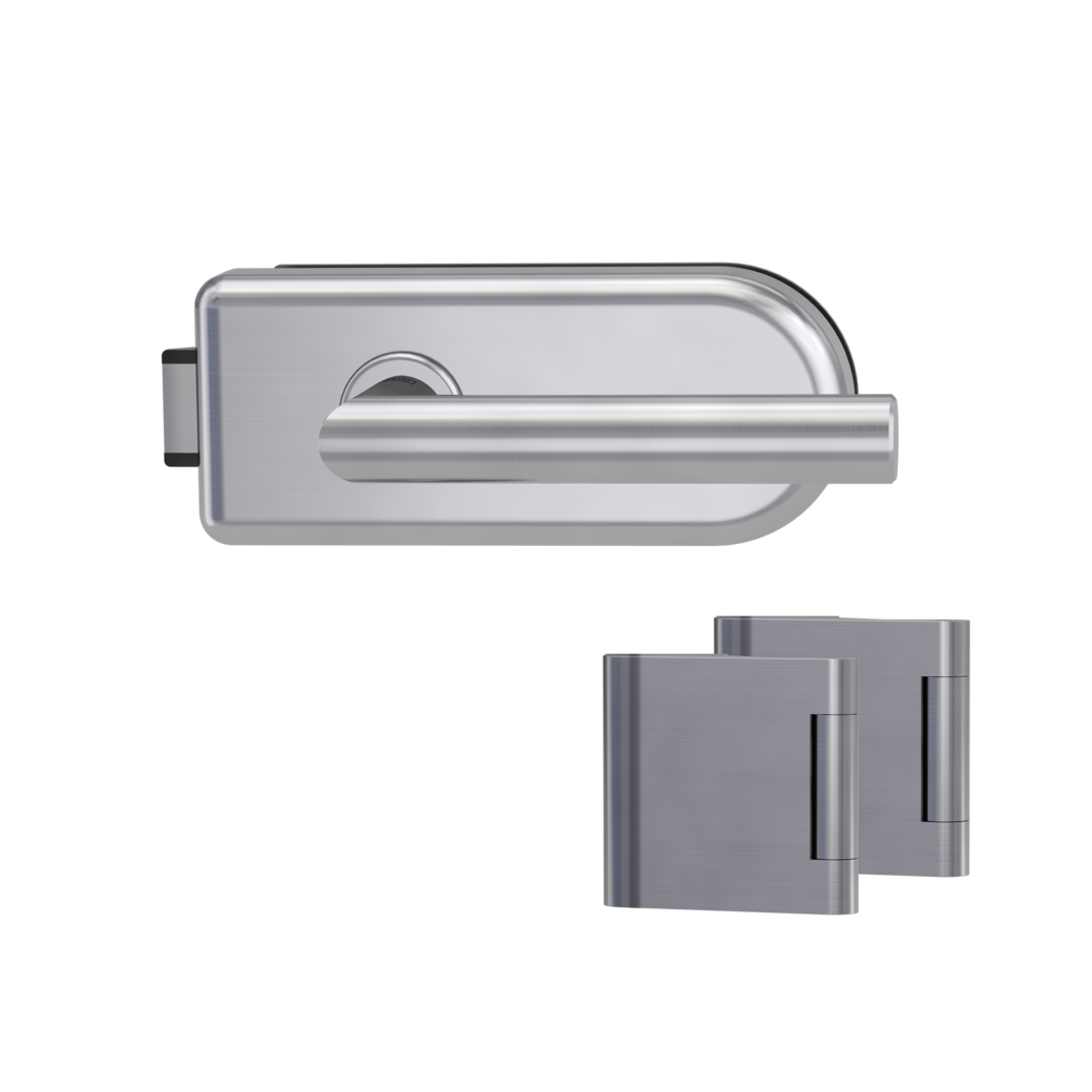 glass door lock set CLASSICO unlockable silent 3-part hinges LUCIA PROF brushed steel
