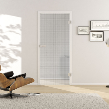 Wohnsituation mit zeigt die GRIFFWERK Glastür SUMMER COTTON_LD_576 in der Ausführung DIN rechts - Drehtür Bohrung Studio/Office - Einscheibensicherheitsglas PURE WHITE Laser einseitig 