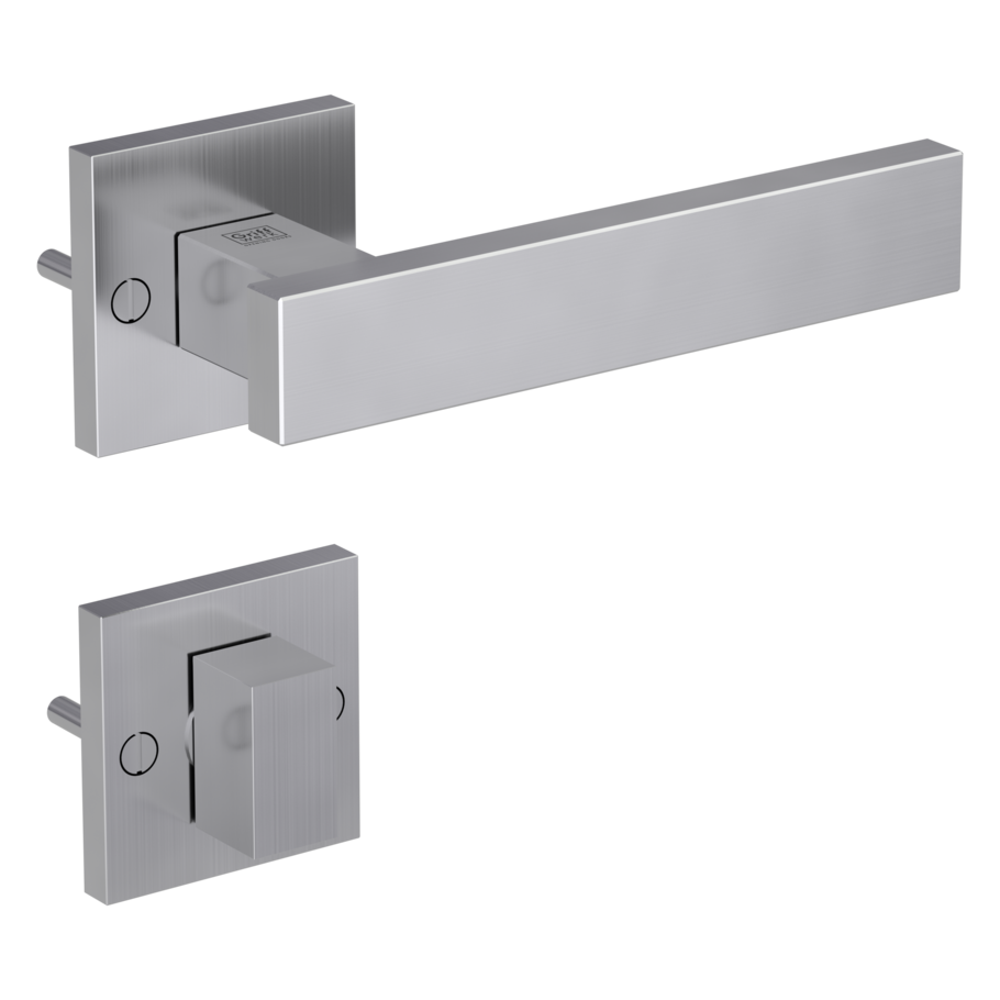 Isolated product image in the right-turned angle shows the GRIFFWERK rose set square SQUARE in the version turn and release - brushed steel - deco screw