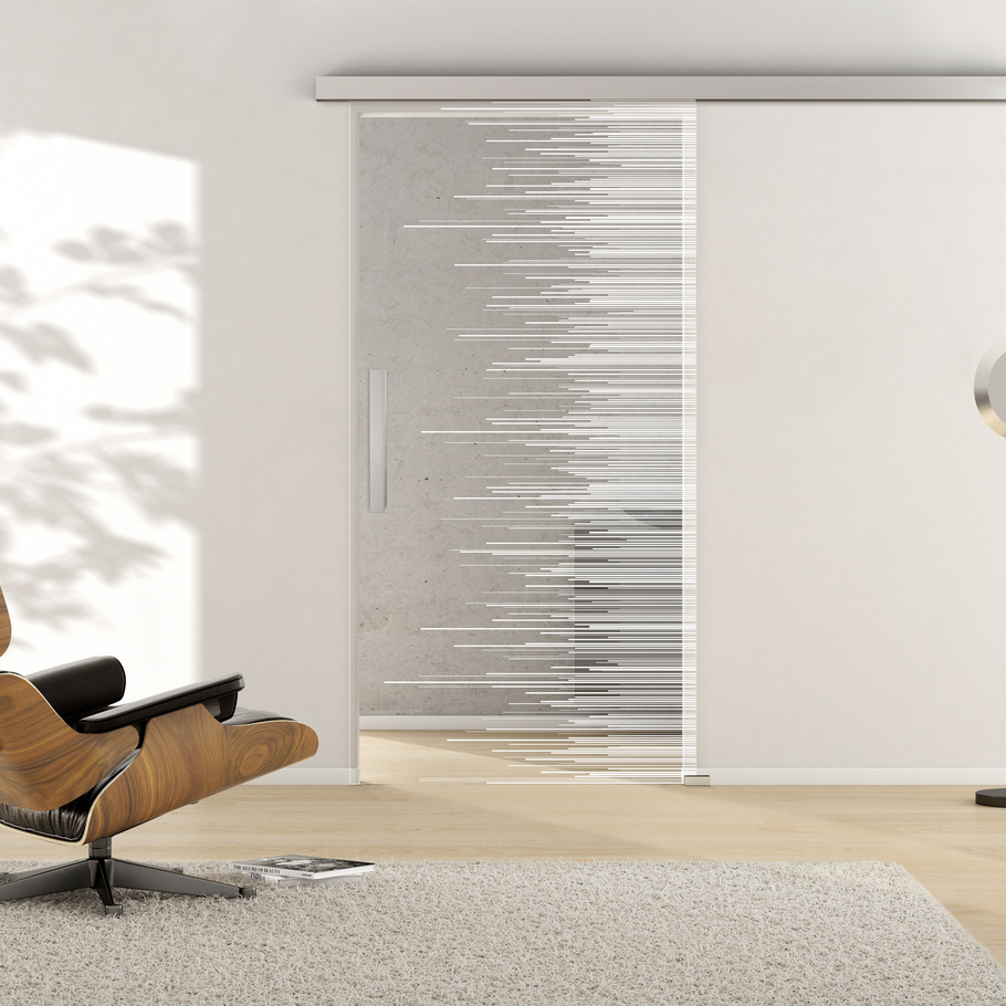 Ambientebild in Wohnraumsituation illustriert die Griffwerk Glasschiebetür LINES 604 in der Ausführung ESG PURE WHITE klar