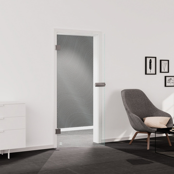 Wohnsituation zeigt die Glastür aus Einscheibensicherheitsglas (ESG) Laserdekor JETTE WAVE 563 in der Ausführung durchsichtig BASIC GREEN Bohrung Studio/Office Drehtür DIN L