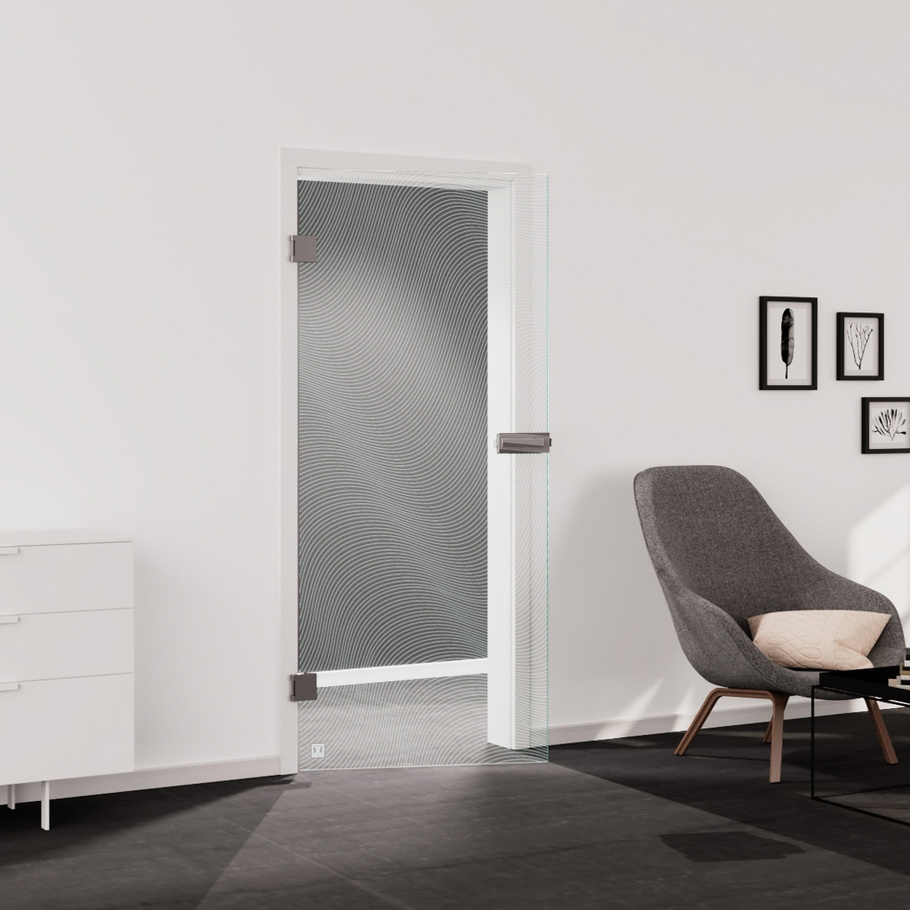 Living situation which shows the glass door with tempered safety glass (ESG) laserdecor JETTE WAVE 563 in the vision clear BASIC GREEN drilling Studio/Office revolving door DIN L
