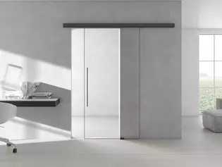 La ilustración muestra una sala de estar con el Sistema de puertas correderas PLANEO AIR de Griffwerk.