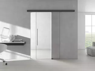 Ilustración sala de estar Sistema de puertas correderas Planeo Air de Griffwerk La ilustración muestra una sala de estar con el Sistema de puertas correderas PLANEO AIR de Griffwerk.
