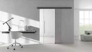 Illustration living room Griffwerk sliding door system Planeo Air The illustration shows a living room with the Planeo Air sliding door system by Griffwerk
