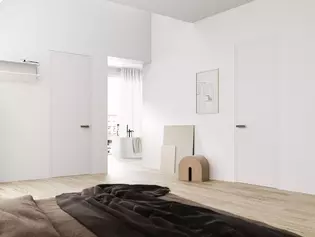 Die Abbildung zeigt ein Schlafzimmer mit blick ins offene Bad, die Türen in diesem Raum sind mit dem Türgriff R8 ONE smart2lock in Kaschmirgrau ausgestattet.