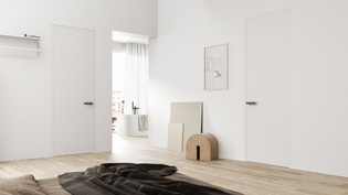 Abbildung eines Schlafzimmers mit R8 ONE smart2lock Die Abbildung zeigt ein Schlafzimmer mit blick ins offene Bad, die Türen in diesem Raum sind mit dem Türgriff R8 ONE smart2lock in Kaschmirgrau ausgestattet.