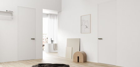 The picture shows a bedroom with a view of the open bathroom, the doors in this room are equipped with the door handle R8 ONE smart2lock in cashmere gray.