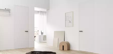 L'illustration montre une chambre à coucher avec vue sur la salle de bain ouverte, les portes de cette pièce sont équipées de poignées de porte R8 ONE smart2lock en Gris cachemire.