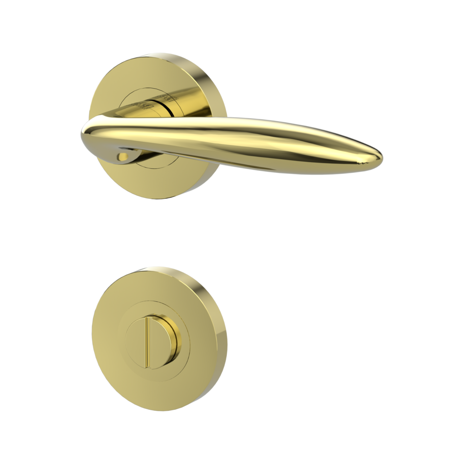 Isolated product image in the left-turned angle shows the GRIFFWERK rose set ALINA in the version turn and release - brass look - screw on technique outside view
