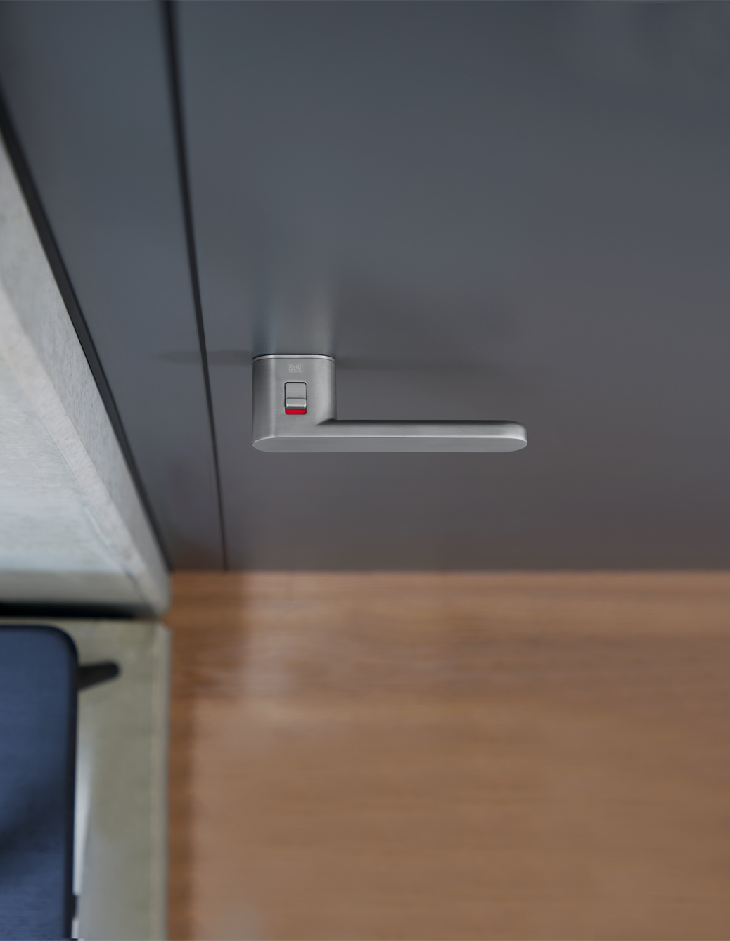 The illustration shows the Griffwerk smart2lock Avus One door handle from above with the latch closed.